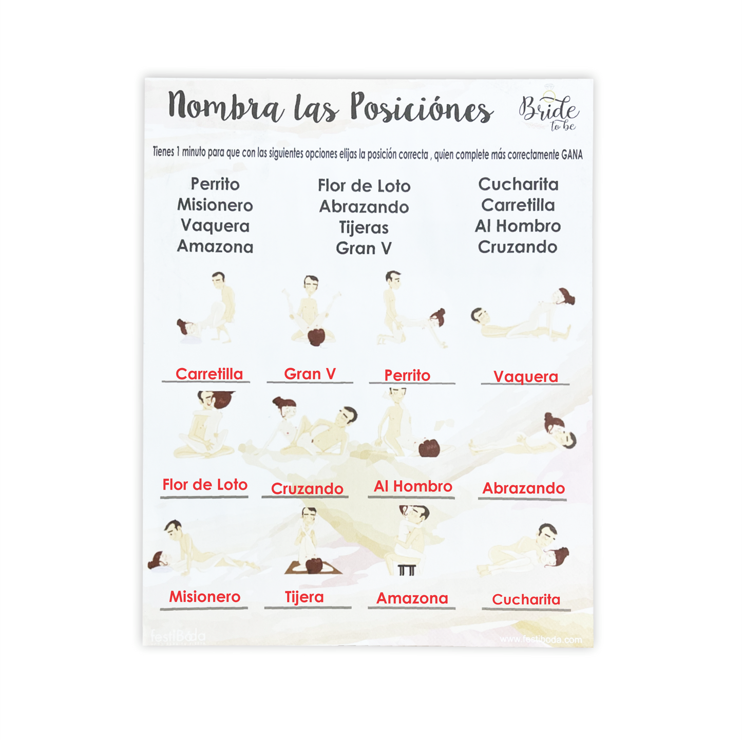 Juego de Papel Despedida NOMBRA LAS POCISIÓNES | Festiboda