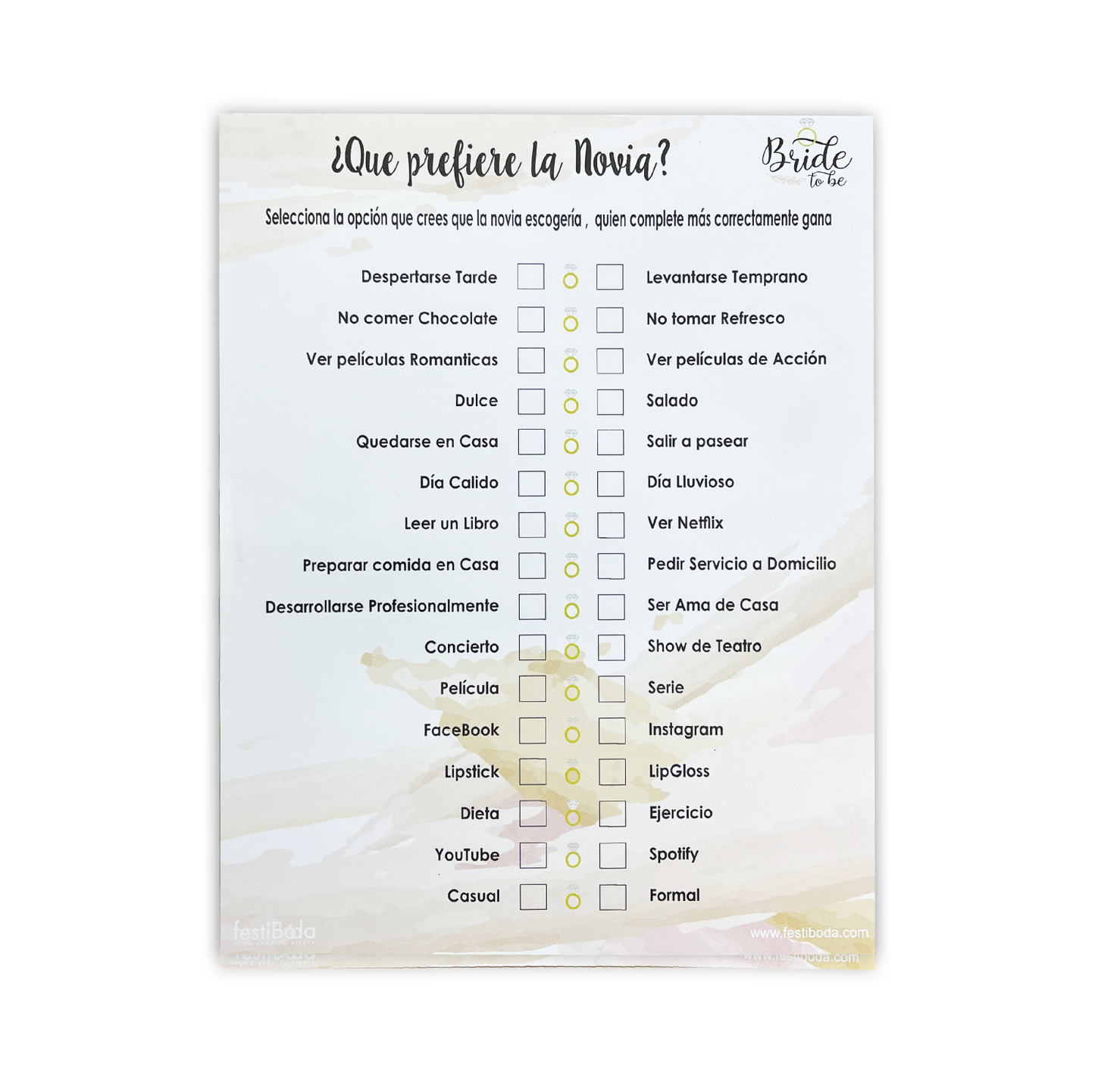 Juego de Papel Despedida ¿QUE PREFIERE LA NOVIA? | Festiboda