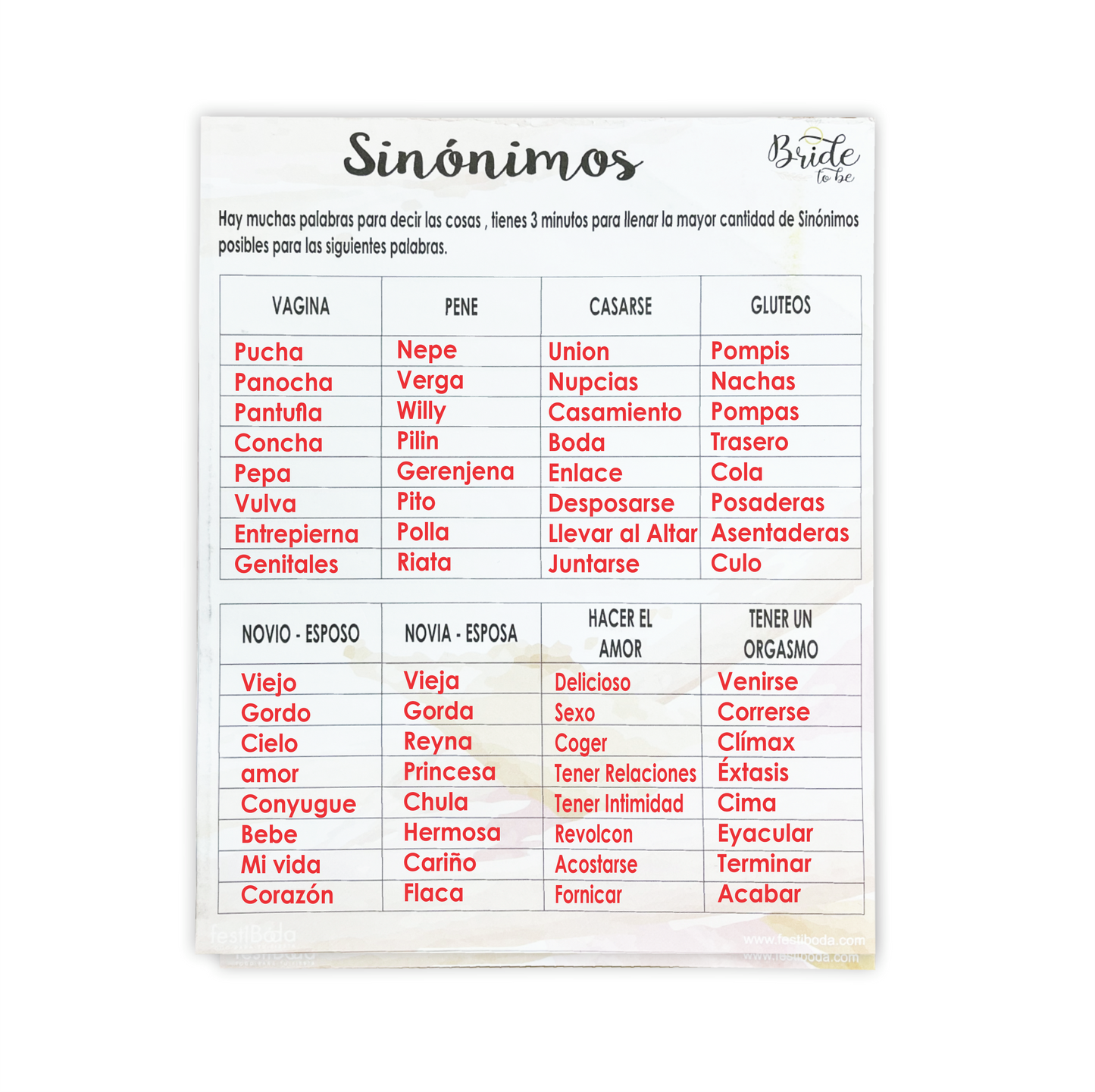 Juego de Papel Despedida SINÓNIMOS | Festiboda