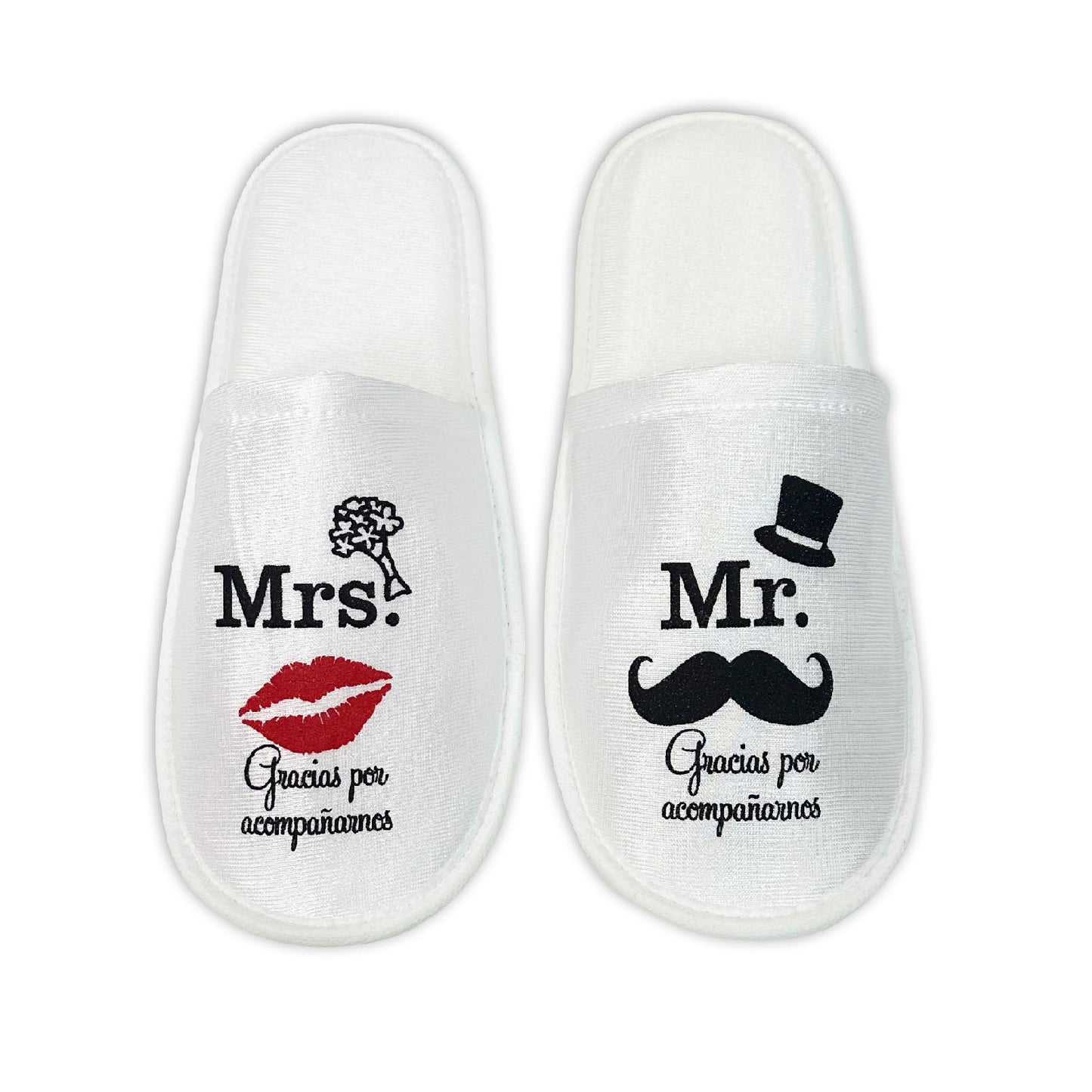 Pantufla para Boda Mod 114 Mr Sombrero GRACIAS POR ACOMPAÑARNOS ( Tela : Bca Tinta : Negra Beso Rojo )