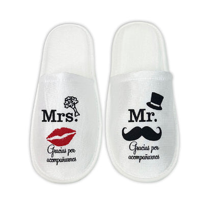 Pantufla para Boda Mod 114 Mr Sombrero GRACIAS POR ACOMPAÑARNOS ( Tela : Bca Tinta : Negra Beso Rojo )