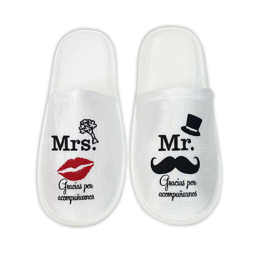 Pantufla para Boda Mod 114 Mr Sombrero GRACIAS POR ACOMPAÑARNOS ( Tela : Bca Tinta : Negra Beso Rojo )
