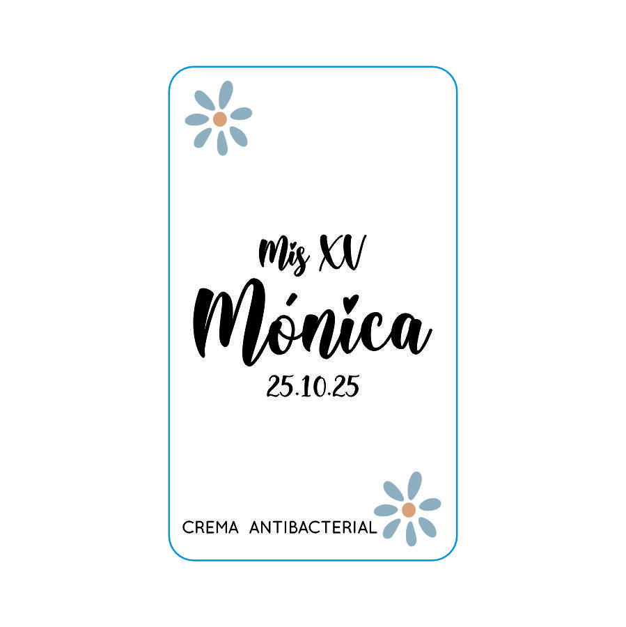 Gel Antibacterial ó Crema para XV Años Personalizado Mod. 50 Flor