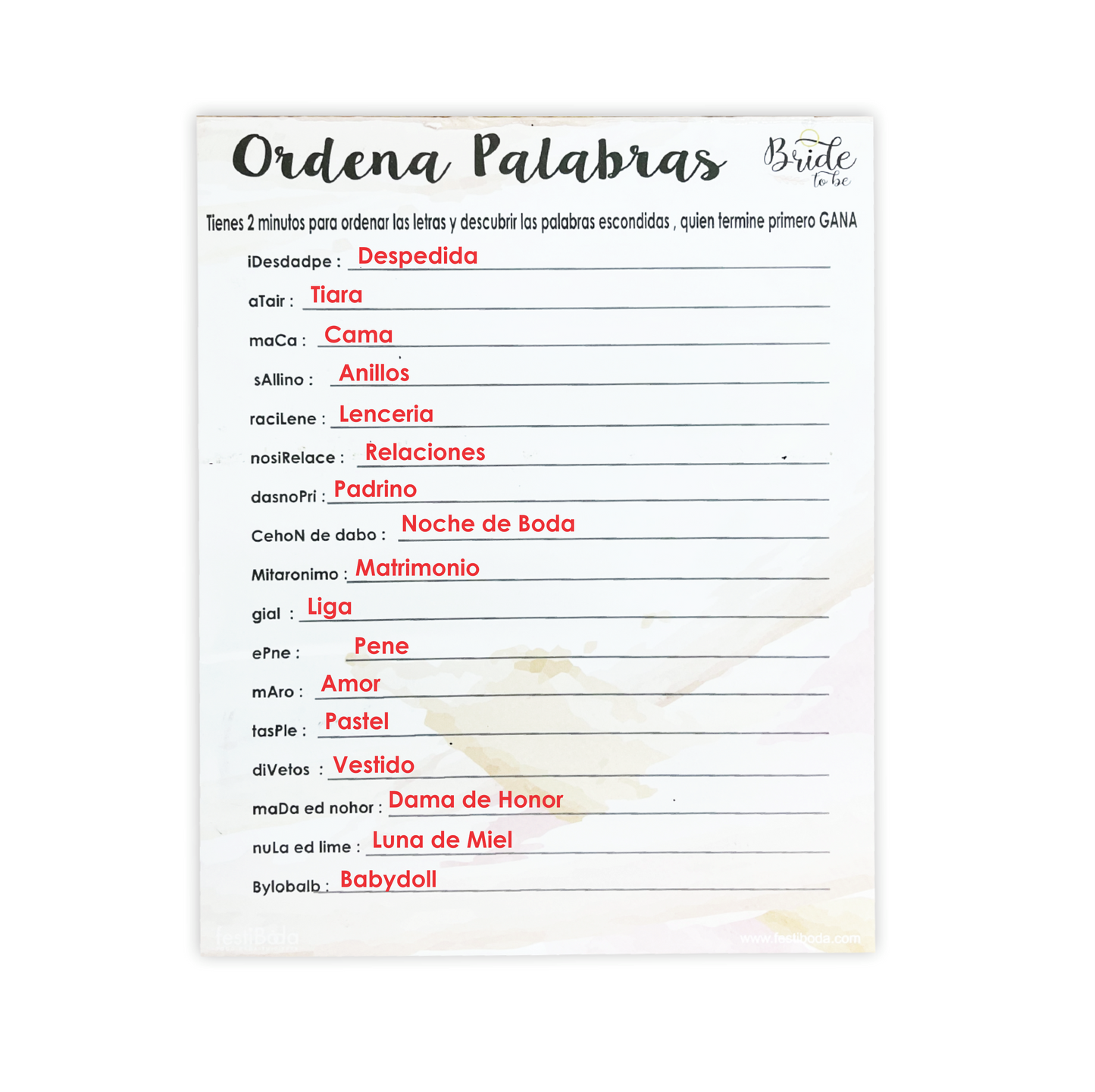 Juego de Papel Despedida ORDENA PALABRAS | Festiboda