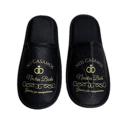 Pantufla  para Boda Mod 38 Nos Casamos ( Tela : Negra Tinta : Oro