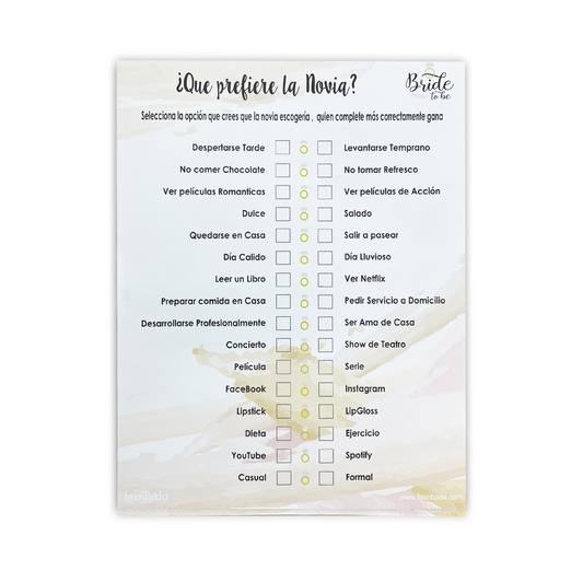Juego de Papel Despedida ¿QUE PREFIERE LA NOVIA? | Festiboda