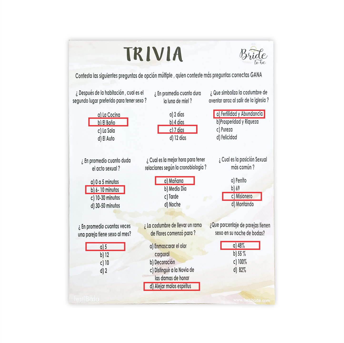 Juego de Papel Despedida TRIVIA | Festiboda