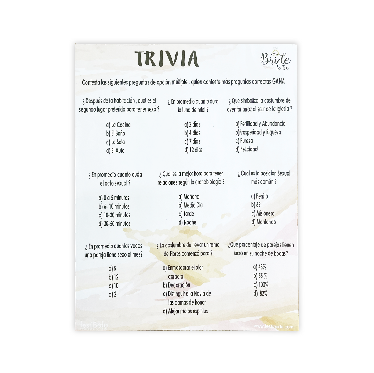 Juego de Papel Despedida TRIVIA | Festiboda